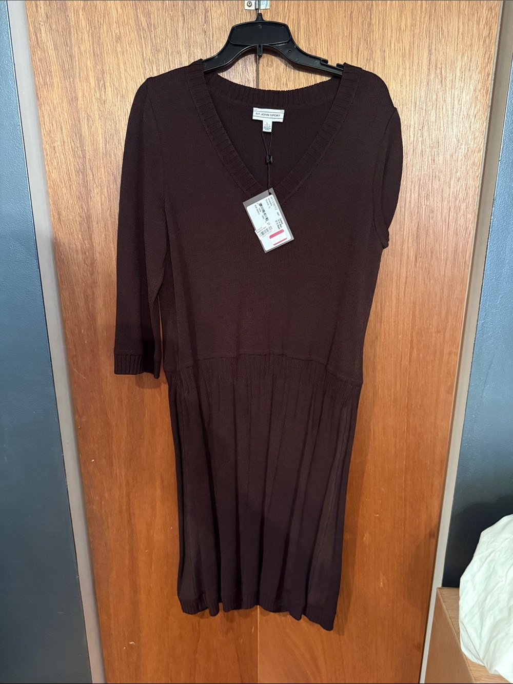 St. John Sport V-Neck Knit Midi Dress in Dark Brown